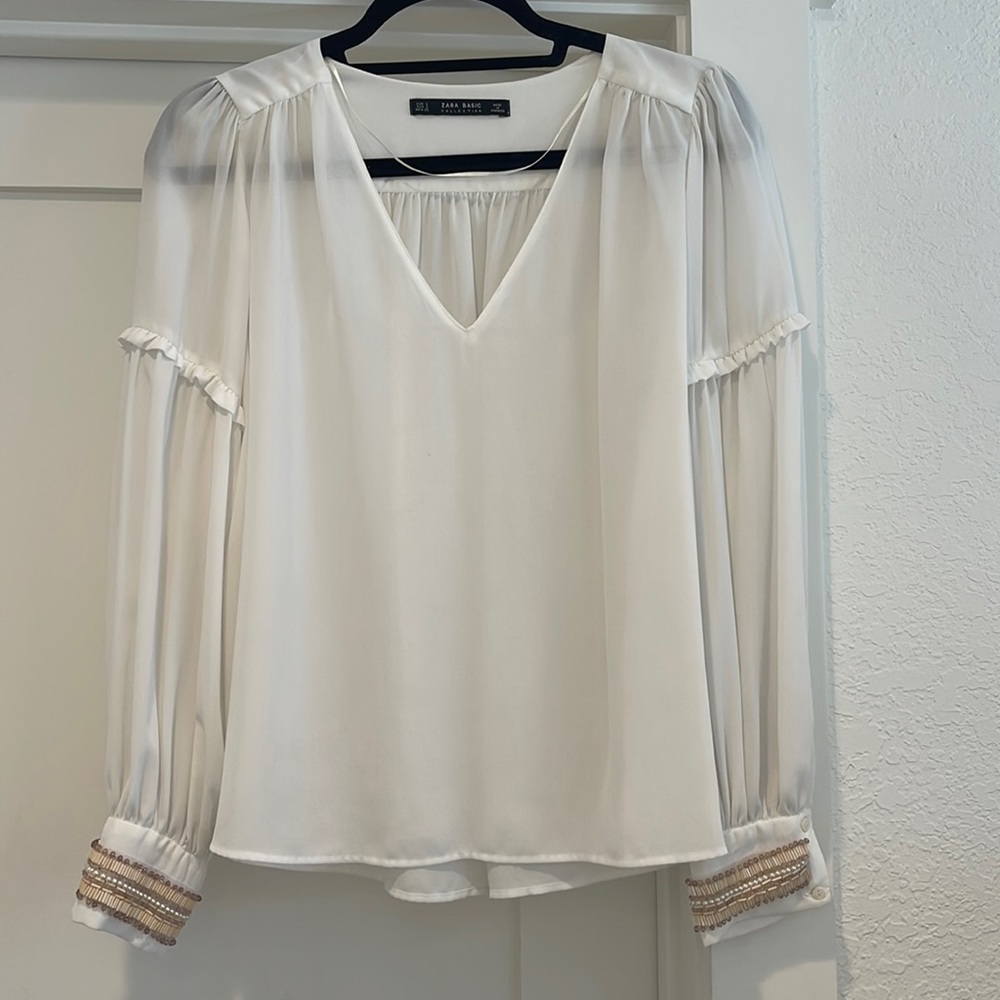 Zara White Blouse with Beige Sleeve Beading